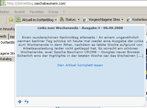 Der WebSlice wird vom Browser eingebunden