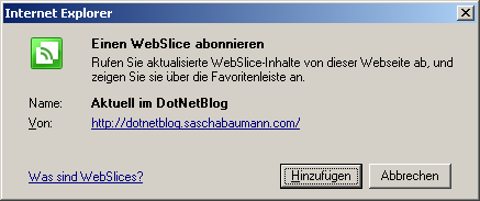 Der Dialog des Internet Explorer 8 zum abonnieren eines WebSlides
